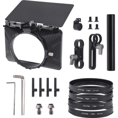 FOTGA Mini Matte Box Lichtgewicht met topvlag 15 mm staaf 4 stuks lensadapter zwart