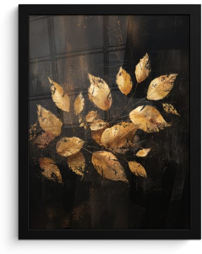 Poster in lijst - Fotolijst 30x40 cm - Posters - Gouden Bladeren op Donkere Achtergrond - Posterlijst zwart - Decoratie - Wanddecoratie woonkamer - Muurdecoratie slaapkamer