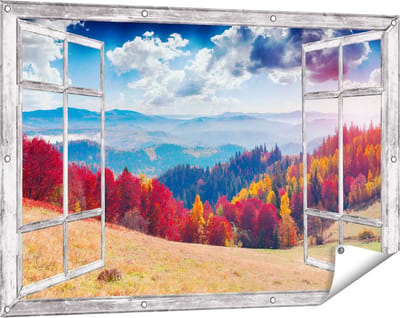 Gards Tuinposter Doorkijk Kleurrijke Herfstbos met Heuvellandschap - 120x80 cm - Tuindoek - Tuindecoratie - Wanddecoratie buiten - Tuinschilderij