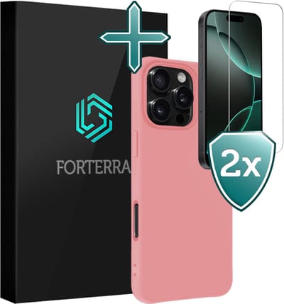 Hoesje Met 2x Screenprotector - Geschikt voor Apple iPhone 16 Pro - Sterk & Shockproof - Telefoon Hoes - Back Cover - Siliconen Case - Lichtroze