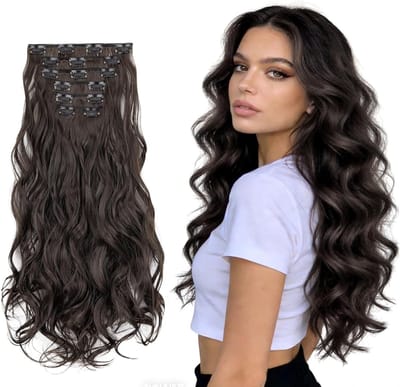 Lange Wavy Haarclip Extensions van 63 cm, 6 Delen, Natuurlijke Bruine Haartinten voor Vrouwen, Perfect voor Volumineus Haar en Stijlvolle Looks