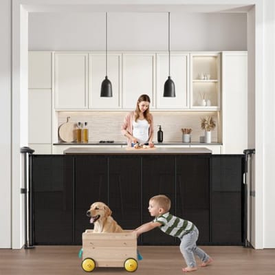 VEVOR Intrekbaar babyhekje 870 mm hoog, uitschuifbaar tot 1800 mm breed, hek voor kinderen of huisdieren, gaasmateriaal, eenvoudig te installeren, voor binnentrappen, deuren, gangen, speelkamers, zwart