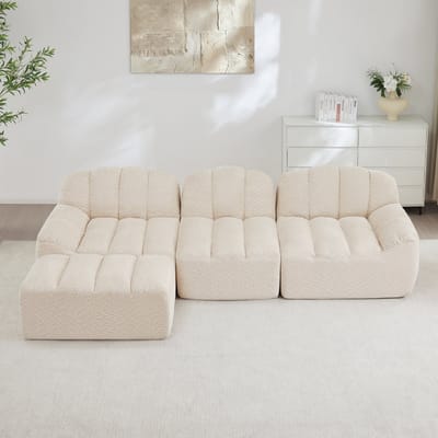 MODFU Modulaire Hoekbank - Met Hocker En Diepe Zitting - Ergonomisch - Voor Woonkamer - Fleece Met Korrelstructuur - Beige Wit