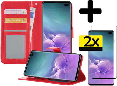 Hoesje - Met 2x Screenprotector - Geschikt voor Samsung Galaxy S10 - Luxe Pasjeshouder - Bookcase Portemonee - Flip Case - Kunstleer Book Case - Flipcase Hoes - Book Cover - Walletcase - Portemonneehoes - Telefoonhoesjes - Rood