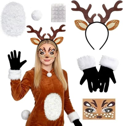 Grappig hertenkostuum voor volwassenen met rendieraccessoires, ideaal voor carnaval en maskerade, inclusief handschoenen en hoofdband
