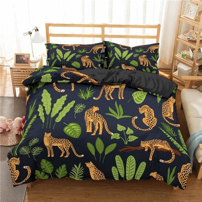 Jungle Dieren Dekbedovertrek King Queen Tropische Planten Palmbladeren Beddengoedset Kinderen Tijger Wilde Dieren 2/3-delig Polyester Dekbedovertrek EU single(135x200cm)