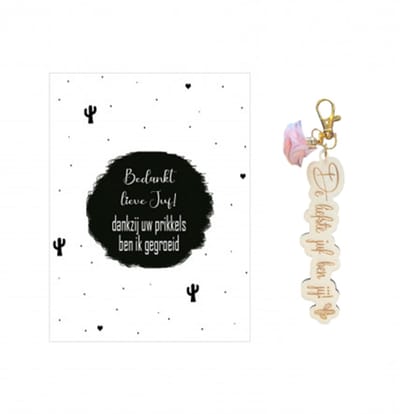 Sleutelhanger en kaartje JUF | roze | cactus | jij bent de liefste | liefste juf | topjuf | einde schooljaar | cadeau