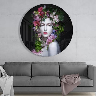 Insigne Glazen Schilderijen - Vrouw met bloemen - Glasschilderij - Rond - Muurcirkel - 60 cm - 4 mm
