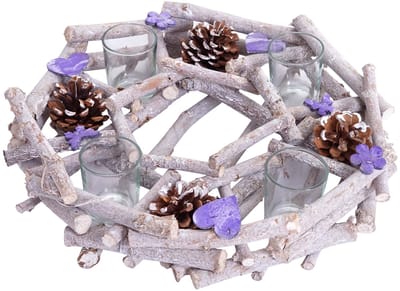 Adventskrans rond met waxinelichthouders, kerstdecoratie adventsarrangement, hout Ø 30cm paars-grijs