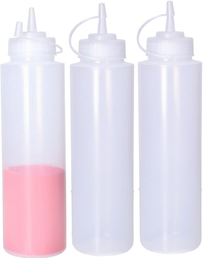 CM Doseerfles/sausfles transparant - 3x - kunststof - met schenktuit - 750 ml - 28 x 7 cm - Pannenkoeken/poffertjes