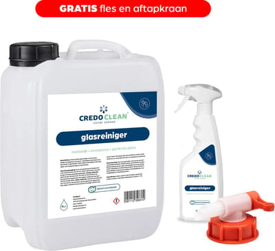 Credo Clean Glasreiniger – Ramen, Glas, Spiegels & meer – 100% Streep- & Druppelloos – 5L Navulling met Fles & Aftapkraan – 5 Liter Jerrycan – Bewust & Duurzaam