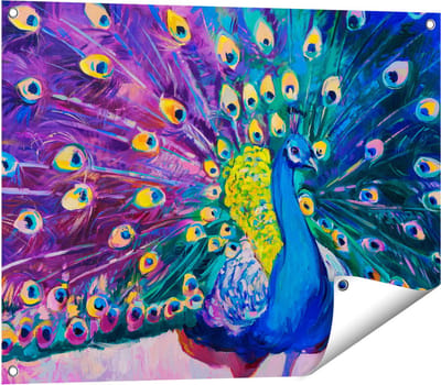Gards Tuinposter Pauw met Kleurrijke Veren van Olieverf - Abstract - 80x60 cm - Tuindoek - Tuindecoratie - Wanddecoratie buiten - Tuinschilderij