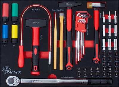 Momentsleutelmodule 52-delig – in Softmodule (52 × 40 × 3 cm) | ½″ Momentsleutel 28–210 Nm – 4 Krachtdoppen (17–22 mm) – Rubber-, Bank-mokerhamer – Bits: Torx, Inbus, Plat & Kruiskop – Compact & Professioneel