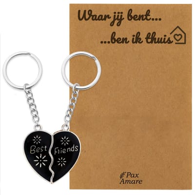 Koppel Sleutelhanger voor 2 'Waar jij bent, ben ik thuis' - Magnetisch Hartje - VERANDERT VAN KLEUR! - Sleutelhanger set op Cadeau Kaartje - Zilverkleurig - Persoonlijke Hanger - Pax Amare