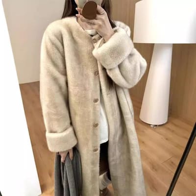 Bont Alles-in-één Jas Dames Lang Nieuwe Koreaanse Stijl Winter Verdikt Imitatie Nertsbont Milieuvriendelijke Jas M beige