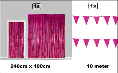 Set Folie gordijn metallic 2,4m x 1m pink + vlaggenlijn pink 10 meter - Decoratie festival themafeest carnaval gala disco glitter and glamour wanddeco