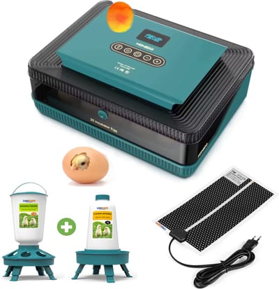 UniEgg® Kuikenstart Slimme Broedmachine EW25 Volautomatisch t/m 60 eieren | Model met Transparant deksel | Driestanden Slimme voerbak 1 KG + Slimme drinkbak 1 liter + Warmtemat 7 watt