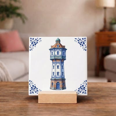 Delftsblauw Tegeltje 11x11 Watertoren – Hollandse Wanddecoratie Cadeau