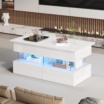 BLACKCOLORS 100 x 50 x 46 cm Verhoogbare salontafel met in hoogte verstelbaar tafelblad en verborgen opbergruimte, hoogglans bijzettafel met ledverlichting, salontafel met 2 lades, wit, MDF + acryl