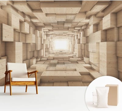 Wallfluent Behang - Houten tunnel Vliesbehang - 312x219 cm - Beige Behang - Voor natuur- en kunstliefhebbers - Behang Voor de slaapkamer, woonkamer en badkamer - Wandbekleding Architectuur