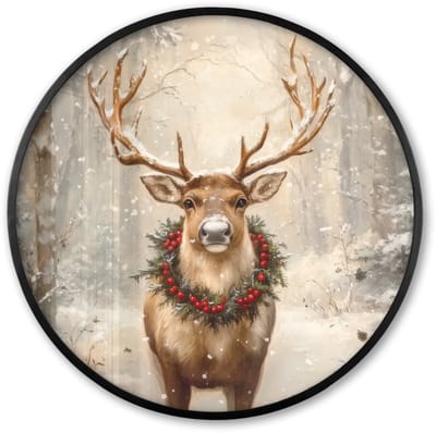 Poster in lijst Rond - Fotolijst 60x60 cm - Posters - Kerst - Rendier - Winter - Krans - Ronde posterlijst zwart - Decoratie - Wanddecoratie woonkamer - Muurdecoratie slaapkamer - Kerstversiering - Kerstdecoratie voor binnen - Kerstmis