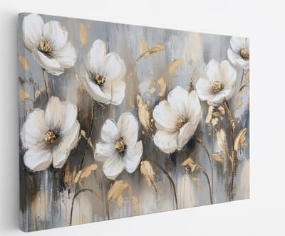 Saammp Canvas Schilderij - Wit gekleurd Bloemenveld - Natuur - Abstract - Goud - 45x30 - Foto op canvas - Wanddecoratie - Muurdecoratie Woonkamer - Kantoor Decoratie