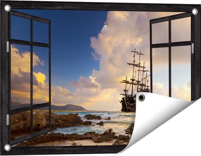 Gards Tuinposter Doorkijk Piratenschip aan de Kust bij Zonsondergang - 60x40 cm - Tuindoek - Tuindecoratie - Wanddecoratie buiten - Tuinschilderij
