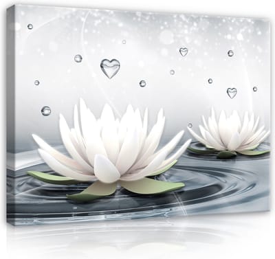 Canvas Schilderij - Waterlelies - Bloemen - Water - Planten - Hartje - Inclusief Frame - 100x75cm (lxb) - Wit