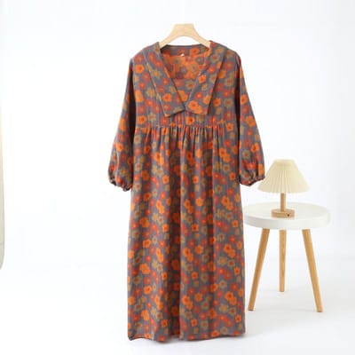 Nieuwe Japanse Dames Lente- en Zomer Nachthemd 100% Katoen Grote Bloemen Rok Eenvoudig Grote Maat Retro Huisjurk M brown