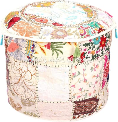 Ottomaanse Poef Hoes - Voetenbank Cover - Zitplaats Creëren - Uniek Patchwork Ontwerp - 45x33cm - Wit