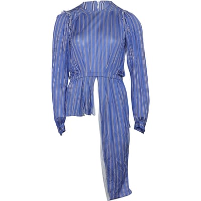 Balenciaga Asymmetrische Gestreepte Blouse in Blauwe Viscose