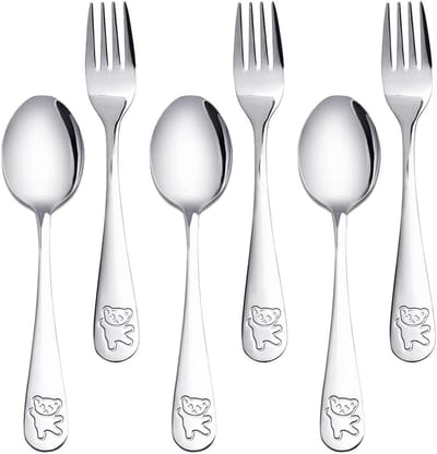 6-delige set beren kinderdinerware, 18/10 roestvrijstalen vorken en lepels, veilig tafelgerei voor kinderen vanaf 3 jaar, duurzaam en kindvriendelijk ontwerp, perfect voor dagelijkse maaltijden