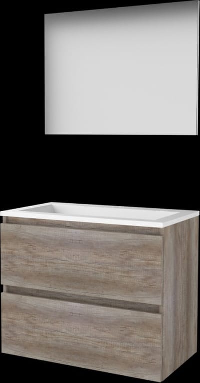 Basic-Line Basic 46 Badkamermeubelset - 80 x 46 cm - Greeploos - 2 Lades - Acryl Wastafel - 1 Kraangat - Spiegel - Scotch Oak