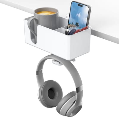 4-in-1 Desk Organizer met 360 Graden Rotatie voor Gaming Headsets, Bekers en Mobiele Telefoons, Inclusief Afneembare Houder voor Pennen en Flessen