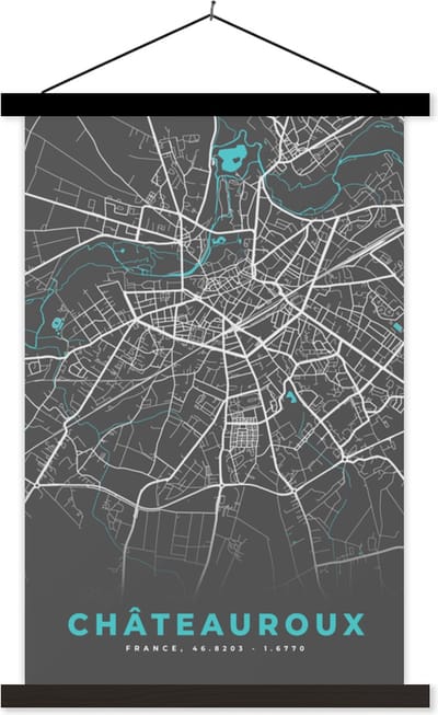 Posterhanger incl. Poster 40x60 cm - Schoolplaat - Châteauroux - Plattegrond - Stadskaart - Frankrijk - Kaart - Textielposter - Zwarte latten - Stadskaart