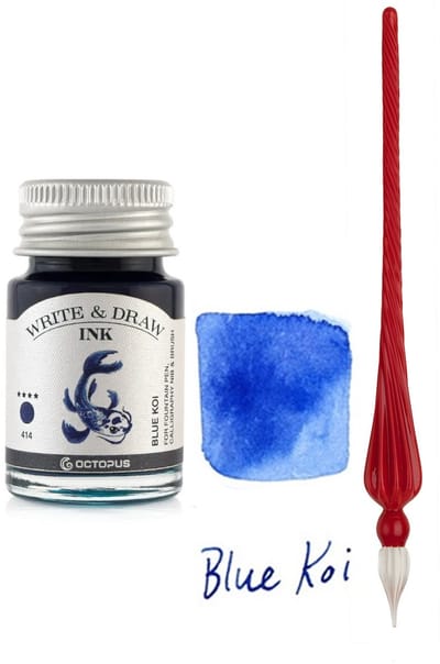 Glazen dip pen set in doosje - Rood - Potje Octopus inkt blauw-blue koi