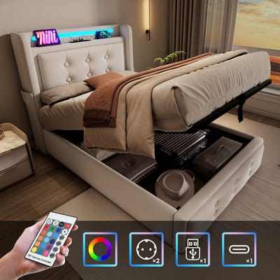 Gestoffeerd eenpersoonsbed met hydraulische opbergbox en LED - Slaapkamer en tienerkamer 90x200 cm - Beige - USB-C lader - Houten lattenbodem - Katoenen bekleding - 150 kg