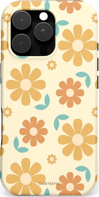 Casetastic hoesje geschikt voor Apple iPhone 16 Pro - MagSafe - Dubbellaagse bescherming - Flower power Retro Bloemen - Geel - Oranje - Blauw - Fashion Case - Crème Goud Perzik