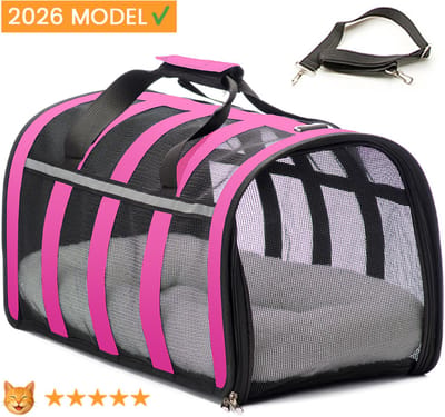 Stijlvolle reismand kat - 47x27x25cm - Katten reismand - Roze - Opvouwbaar met schouderband en comfortabele mat - Kattenmand - Extra stevig & veilig model