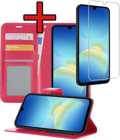 Hoesje - Met Screenprotector - Geschikt voor Samsung Galaxy A26 - Luxe Pasjeshouder - Flipcase - Bookcase Portemonee - Flip Case - Kunstleer Book Case - Book Cover - Walletcase - Portemonneehoes - Telefoonhoes - Donkerroze