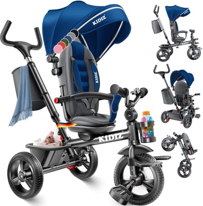 KIDIZ® Loopfiets Driewieler 5in1 Kinderfiets kinderdriewielerfiets 1 jaar vooruit en achteruit Jogger , mand tas drinkhouder zonnekap rubberen wielen, buggy fiets baby opvouwbaar driewielfiets - Blauw