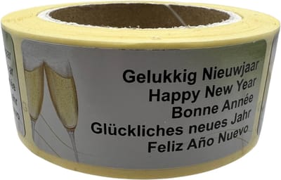 Happy New Year sticker - 150 stuks - 5 talen - sluitzegel - champagne - chique inpakken
