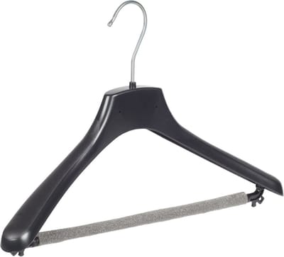 De Kledinghanger Gigant - Mantelhanger - Kostuumhanger - Jassenhanger - Volwassenen - FR38 - 50 Stuks - Kunststof - Zwart - Gebogen Model - Schouderverbreding 3,3 cm - Broeklat met Schuim - 38 cm - Kledinghanger - Kleerhanger - FR-Serie