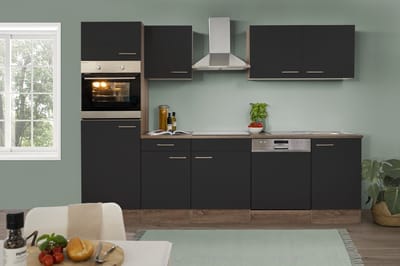 Goedkope keuken 280  cm - complete keuken met apparatuur Oliver  - Donker eiken/Zwart   - keramische kookplaat - vaatwasser - afzuigkap - oven    - spoelbak