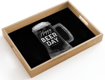 Dienblad hout 40x30 cm - Schootdienblad - Bierpul - Witte krijtletters - Happy beer day - Borrelplank rechthoek - Plateau dienbladen