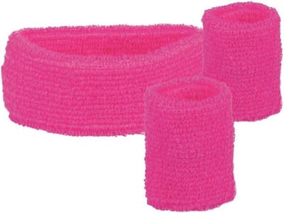 4 Sets zweetbandjes - 2 polsbandjes, 1 hoofdband - neon pink - Festival - Beach party - fout feest