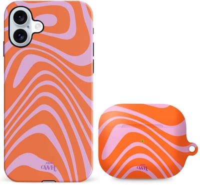 xoxo Wildhearts telefoonhoesje geschikt voor iPhone 16 met AirPods Pro (2) hoesje - set - Boogie Wonderland Orange - Double Layer - Telefoonhoesje met dubbele beschermlaag - Hoesje met golvend patroon - Golven - Oranje met Paars