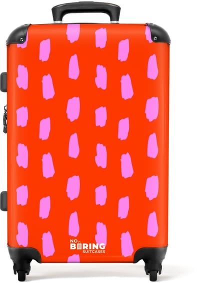 NoBoringSuitcases.com - Grote koffer dames - Vlekkenpatroon in roze op felrode achtergrond - Reiskoffer met 4 wielen - Trolley op wieltjes - Rolkoffer groot vrouwen - 72 liter - Ruimbagage valies 20kg - Valiezen voor volwassenen