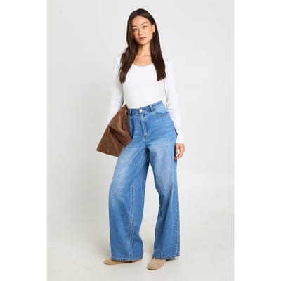 boohoo Dames Hoge Middelhoge Taille Loose Fit Wijde Pijpen Jeans | Medium Gebleekt | Maat: 34