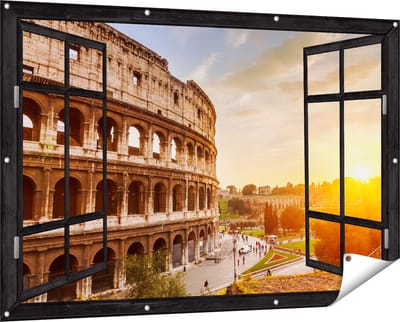 Gards Tuinposter Doorkijk Colosseum bij Zonsondergang in Italïe - 150x100 cm - Tuindoek - Tuindecoratie - Wanddecoratie buiten - Tuinschilderij